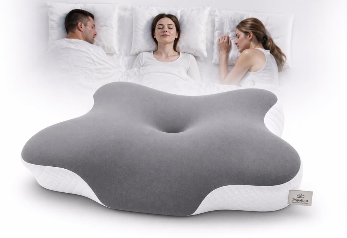Popalino® Hoofdkussen Memory Foam voor Nekklachten – Orthopedisch & Ergonomisch kussen - Geschikt voor rug-, zij- en buikslapers - Traagschuim - Grijs/wit