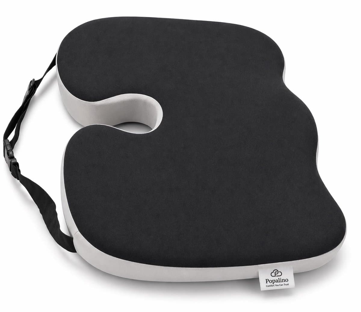 Popalino® Zitkussen - ergonomisch met Bevestigingsband - stuitkussen - wigkussen - ergonomisch zitkussen - ringkussen - traagschuim - stuitje